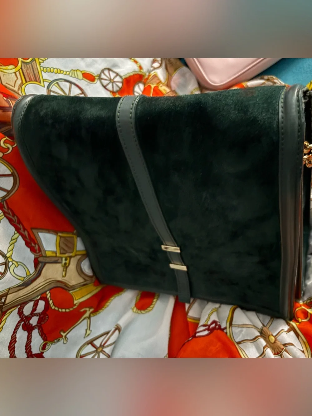 Camille Vost Detached topDark Green Suede and leather crossbody with Gold accent